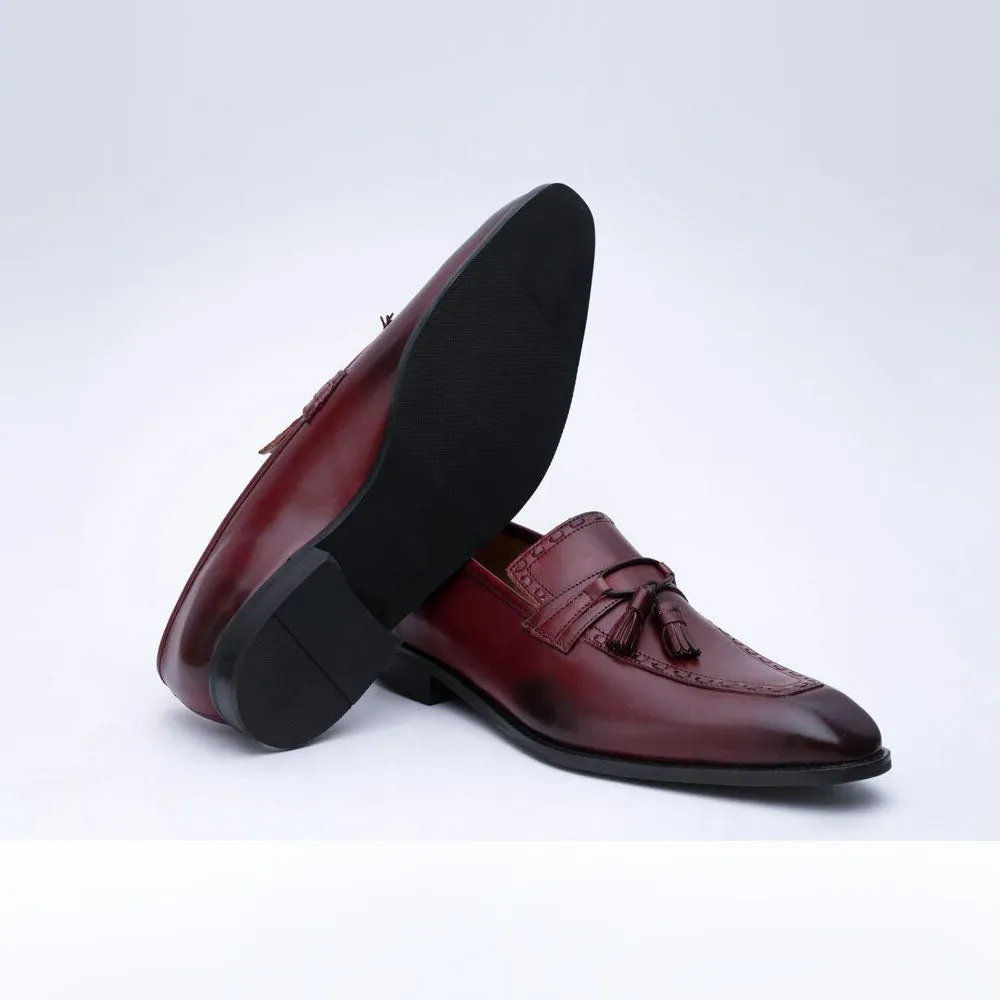 Burgundy Textured Tassel Loafers