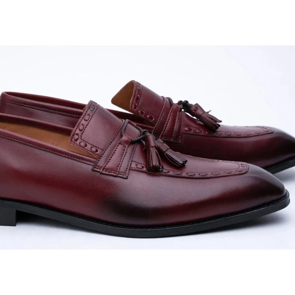 Burgundy Textured Tassel Loafers