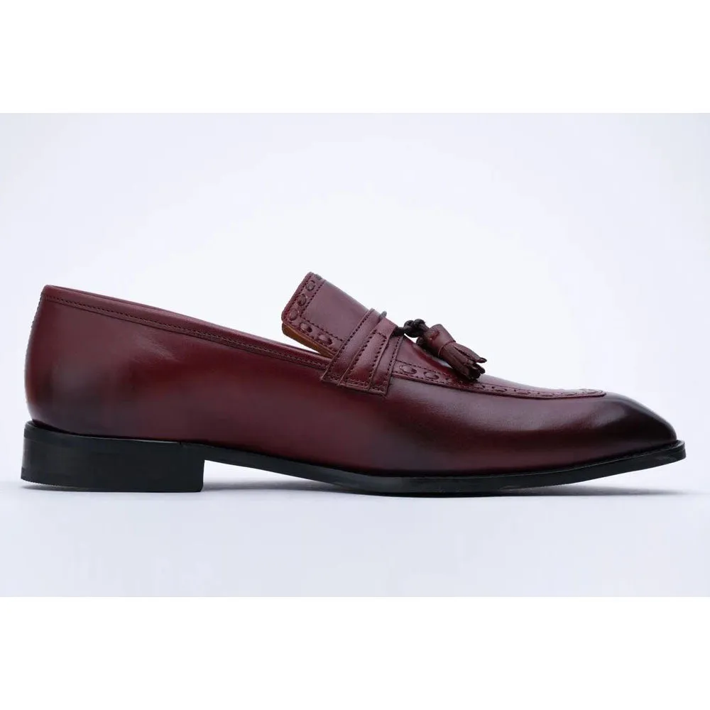 Burgundy Textured Tassel Loafers