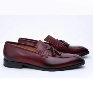 Burgundy Textured Tassel Loafers