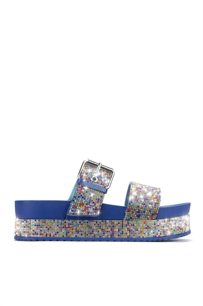 Cape Robbin Praise Footbed Platform Strappy Rhinestone Flat Slip On Sandals Blue