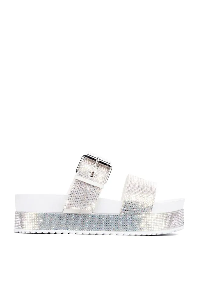 Cape Robbin Women's Praise Platform Strappy Rhinestone Flat  Slip On Sandals