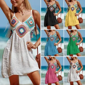 Colorful Crochet V-Neck Tunic Dress