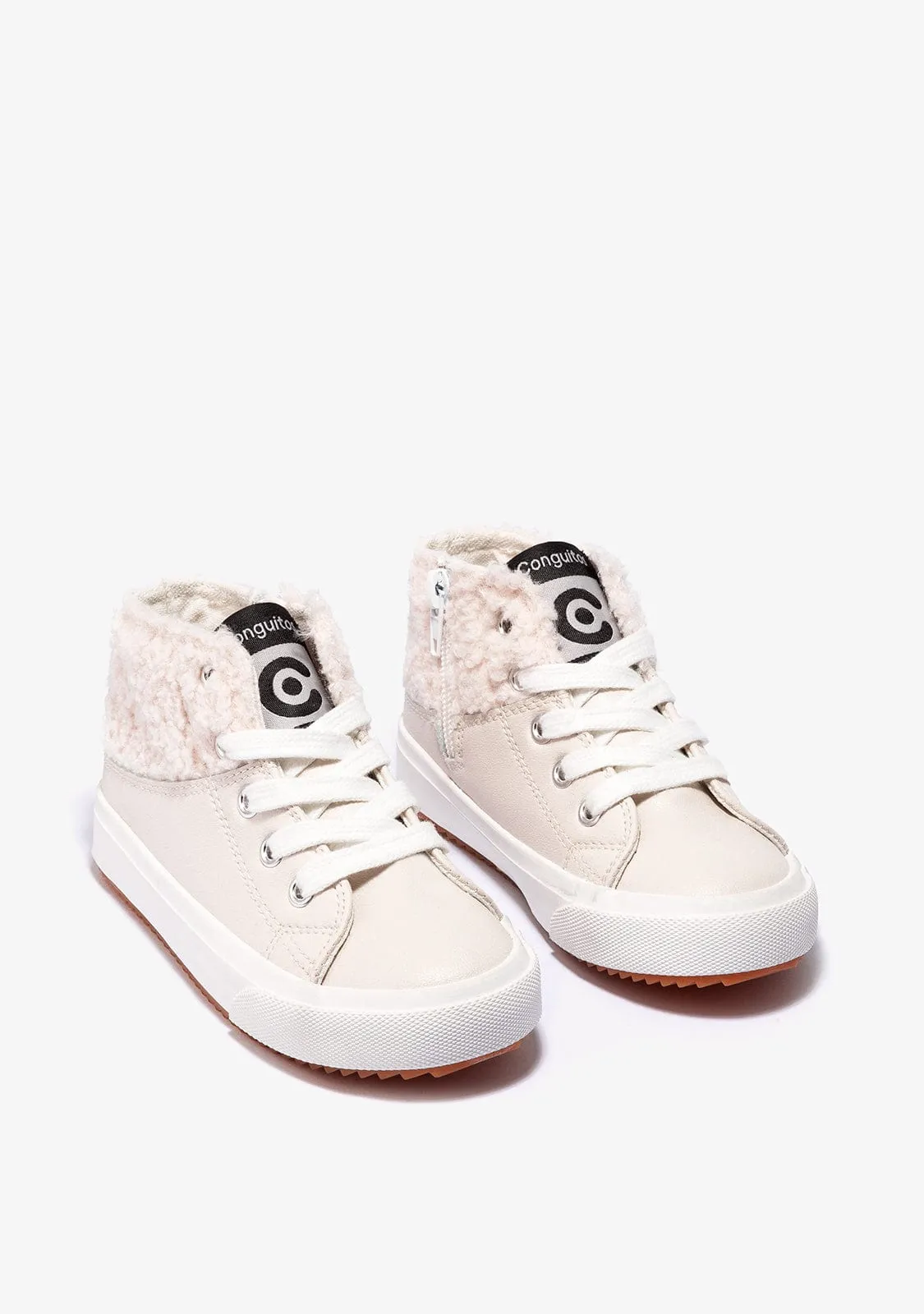 Girl's Beige Sheepskin Hi-Top Sneakers