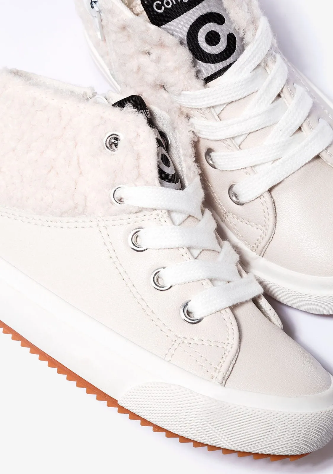 Girl's Beige Sheepskin Hi-Top Sneakers