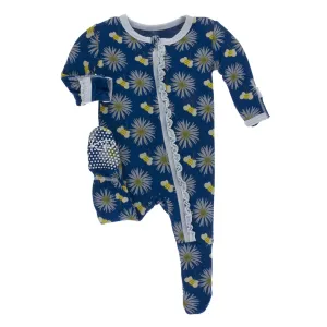 KicKee Pants - Muffin Ruffle Footie with Zipper in Navy Cornflower and Bee