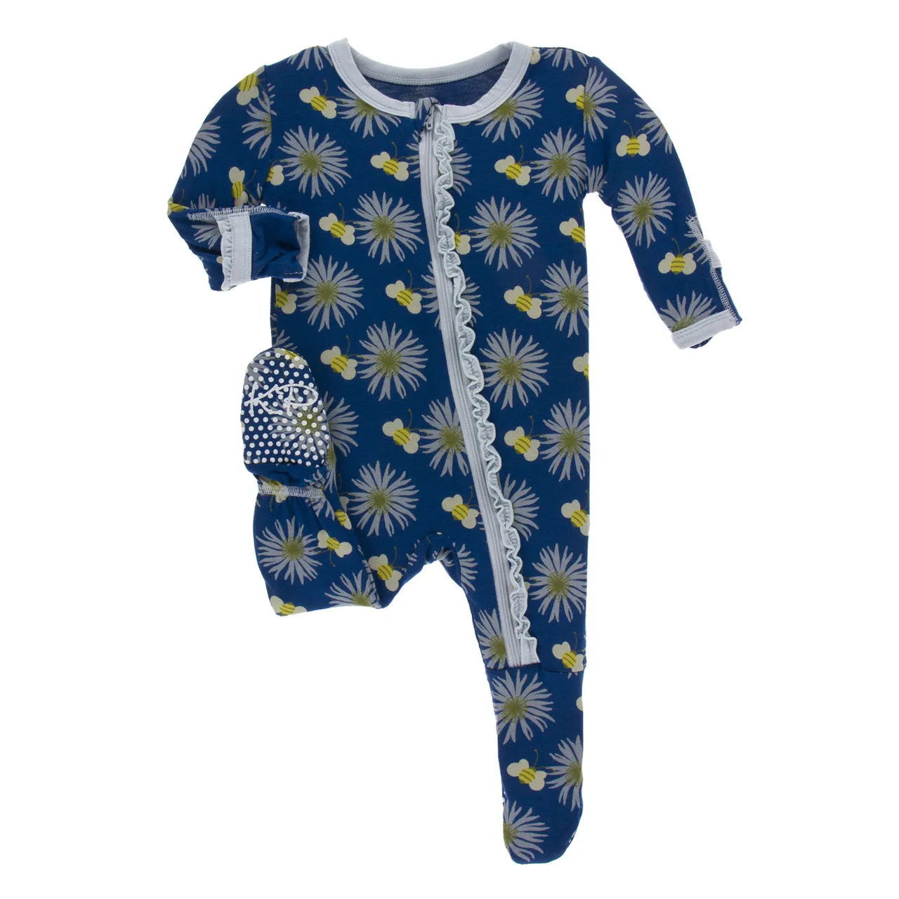 KicKee Pants - Muffin Ruffle Footie with Zipper in Navy Cornflower and Bee