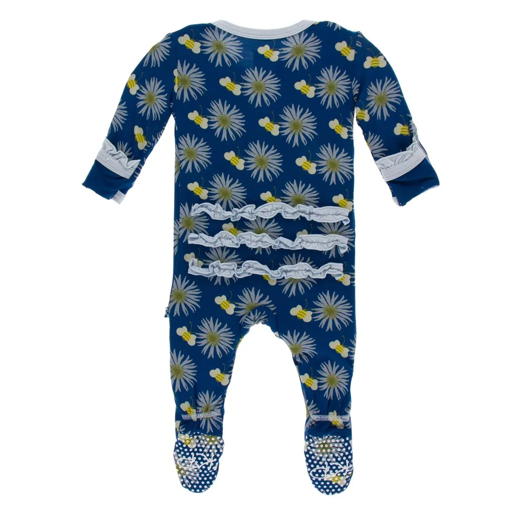 KicKee Pants - Muffin Ruffle Footie with Zipper in Navy Cornflower and Bee