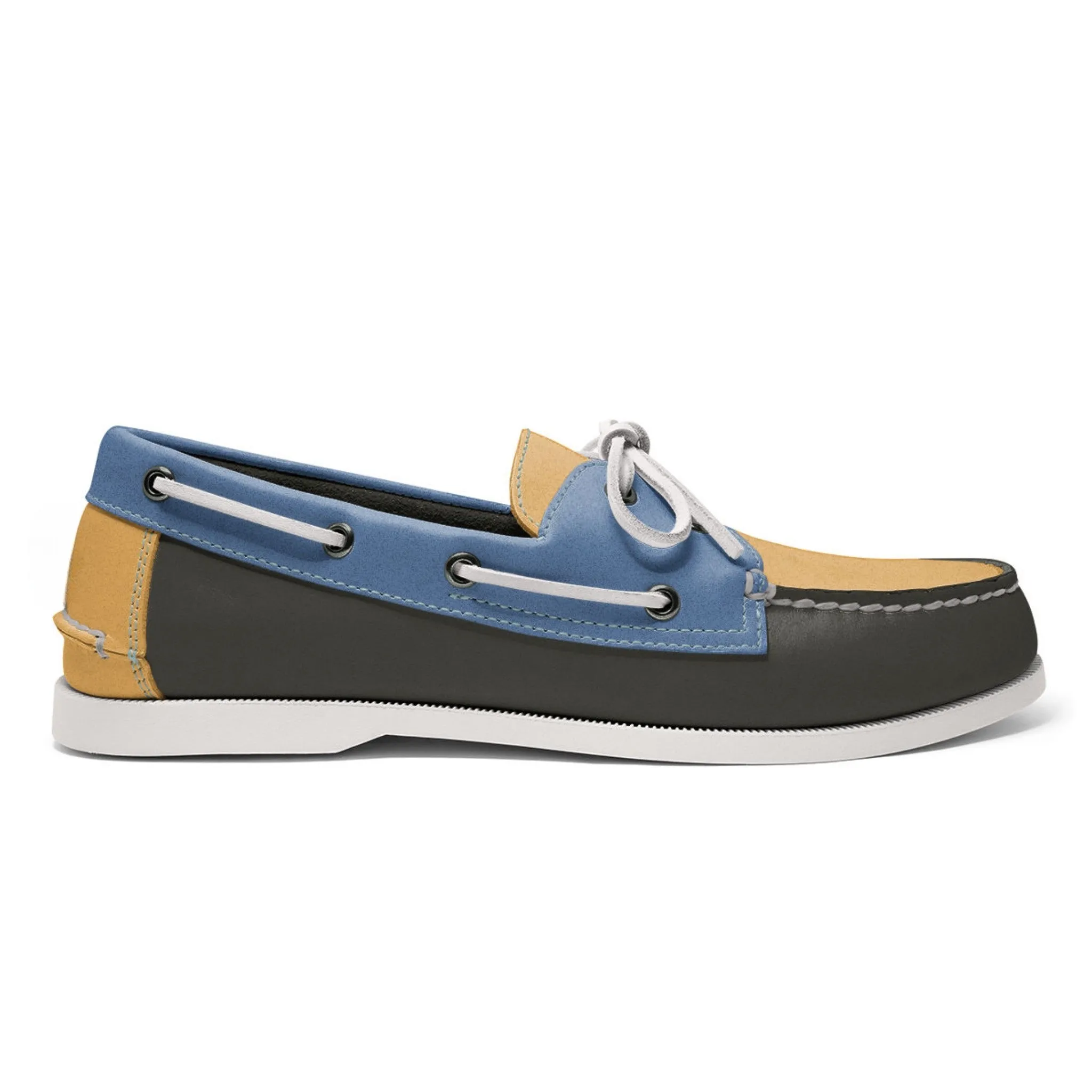 Men’s 2 Eyelet LE Boat Shoe: Dk Grey/ Gold/Blue