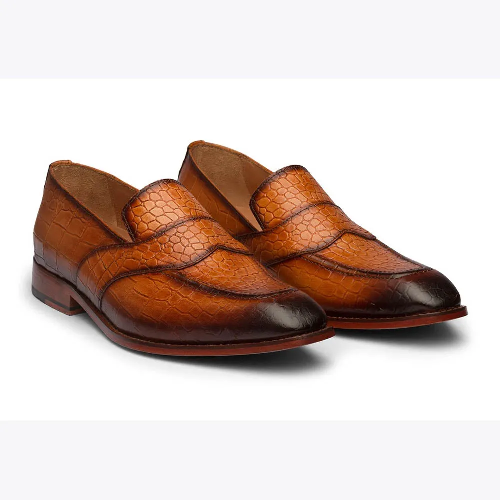 Tan Patina Croco Loafers