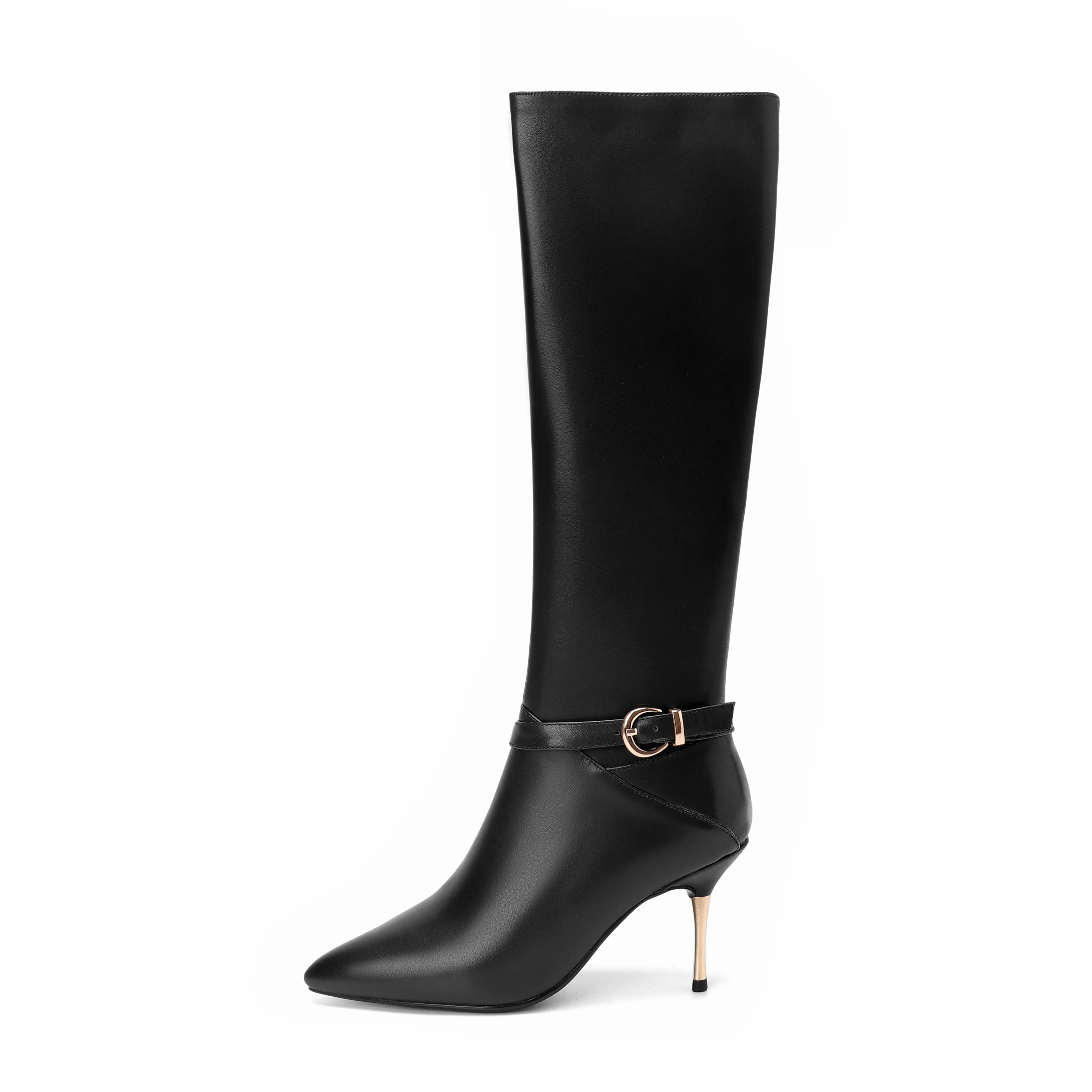 TinaCus Women's Genuine Leather Sexy Pointed Toe High Stiletto Heel Handmade Side Zip Knee High Boots with Buckle
