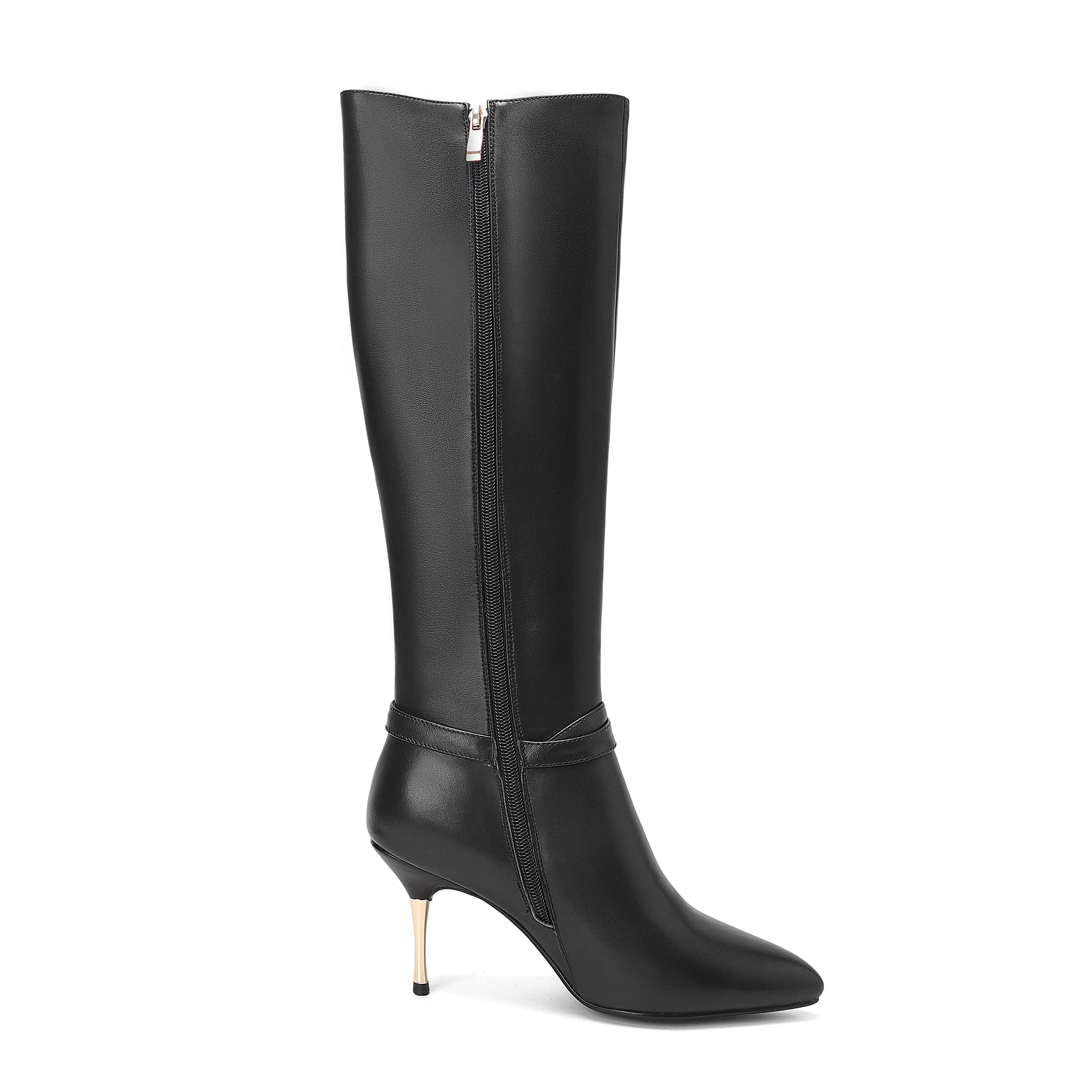 TinaCus Women's Genuine Leather Sexy Pointed Toe High Stiletto Heel Handmade Side Zip Knee High Boots with Buckle