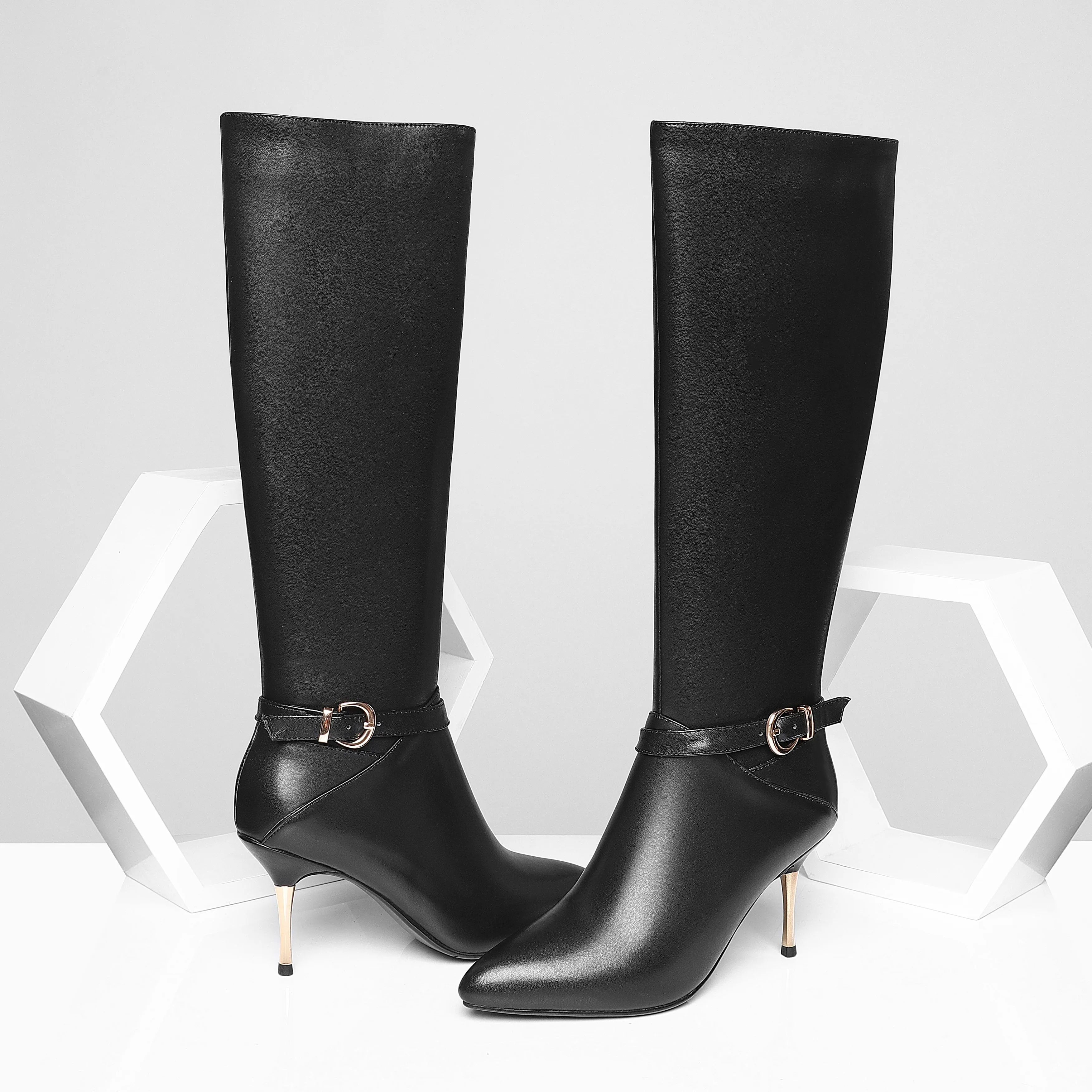 TinaCus Women's Genuine Leather Sexy Pointed Toe High Stiletto Heel Handmade Side Zip Knee High Boots with Buckle