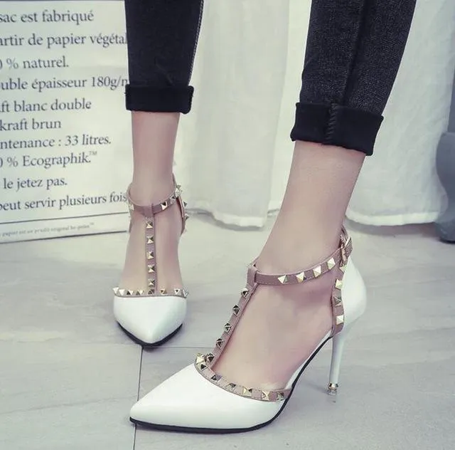 Women High Heel Pointed Toe Shoes with Buckle Rivets